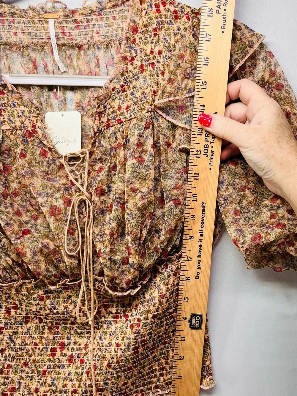 Free People Mustard Yellow Floral Ruffle Smocked Peasant Blouse